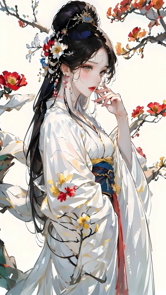 Masterpiece, Best quality, 8k, Cinematic light, Ultra-high resolution, Chinese painting, 1girll, 独奏, flower, hair adornments, White background, Black hair, hair flower, Chinese art, Hanfu, branch, Long hair, sash, Upper body, Chinese clothes, jewelry, Long sleeves, Earrings, flowering branch,