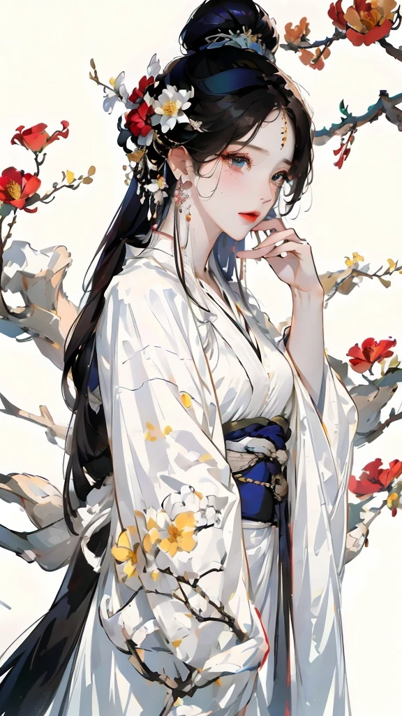 Masterpiece, Best quality, 8k, Cinematic light, Ultra-high resolution, Chinese painting, 1girll, 独奏, flower, hair adornments, White background, Black hair, hair flower, Chinese art, Hanfu, branch, Long hair, sash, Upper body, Chinese clothes, jewelry, Long sleeves, Earrings, flowering branch,