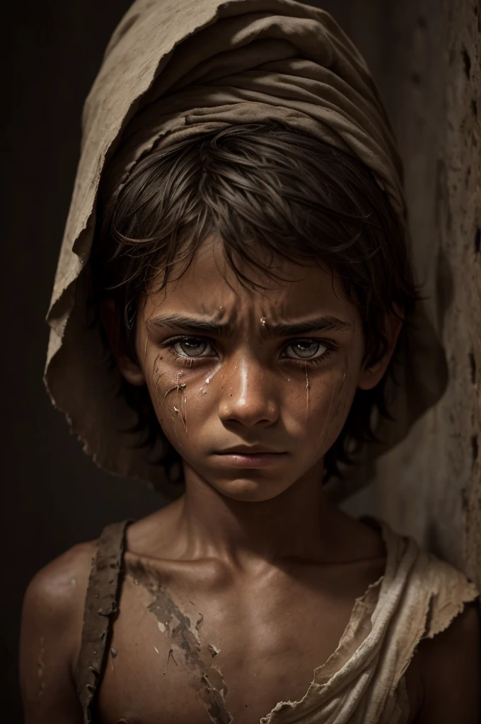An 11 year old boy, slave, is portrayed with a look of deep vulnerability. He wears simple, torn clothes, highlighting the hardness of his life. Her hair is light brown, wavy and reaches the shoulders, falling out of alignment. His eyes are light green and express a silent sadness.. Your skin is pale and marked by visible scars, including a prominent stab scar just below the left eye. The image captures the essence of her pain and resilience, with a level of detail that highlights the texture of the scars and the delicacy of their expression.