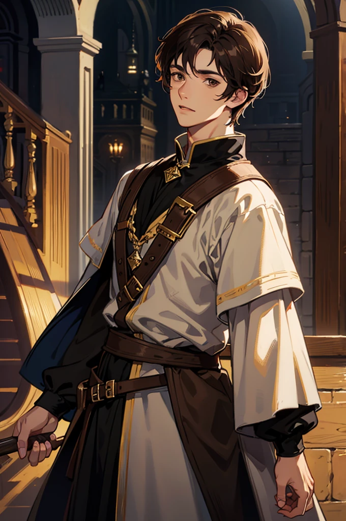 male, man, dark brown hair, short hair, brown eyes, fantasy, medieval clothes, 