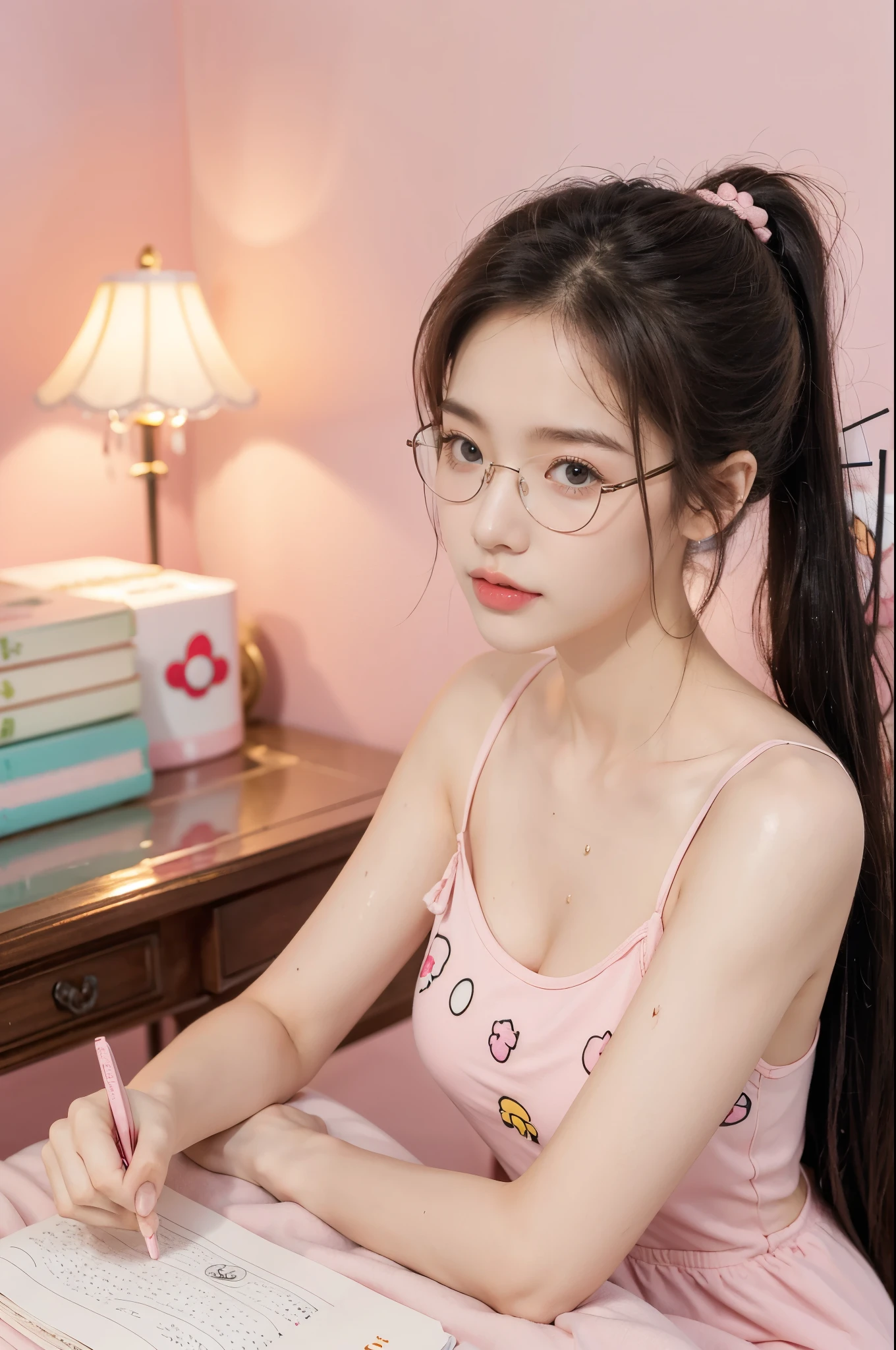 (((best quality))),(((ultra detailed))),(((masterpiece))),illustration,((1 beautiful girl,solo)),(short ponytail:1.2),((slim,thin)),((small breasts,flat chest)),(bright curious eyes:1.2), (glasses:1.3),(pink sundress with white Hello Kitty logo:1.3),((sweat,wet)),(Hello Kitty-themed bedroom:1.3),(beside the cluttered desk:1.3),((assignments,books, papers)), ((pink walls, Hello Kitty posters, pink bedding)), open window, gentle breeze, streetlights, youthful innocence, determination,summer, hard work, passion, youthful energy,((from front,upper body)),(night scene:1.3)