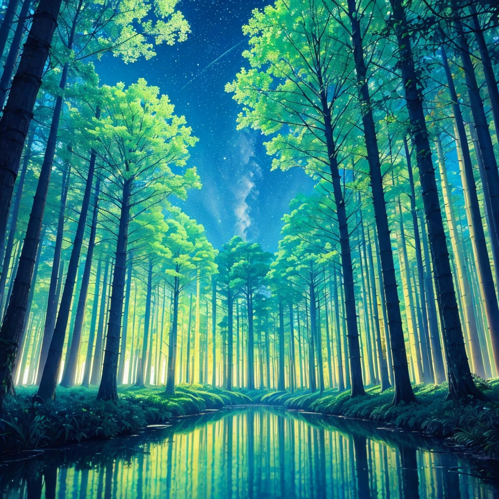 A big place with neon plants like alien style with tribe villages and with big trees in these trees their roots are kind of big neon and the trunk is kind of colorful, com rio passando com uma agua bem clara, When you look at the reflection of the water it gives neon lighting and the sky has colorful clouds (neon rave) neon lights super neon clarity, show wonderful lights wonderful night multcolor lights animal multcolor neon, radiant, creative ultra rave multicolored