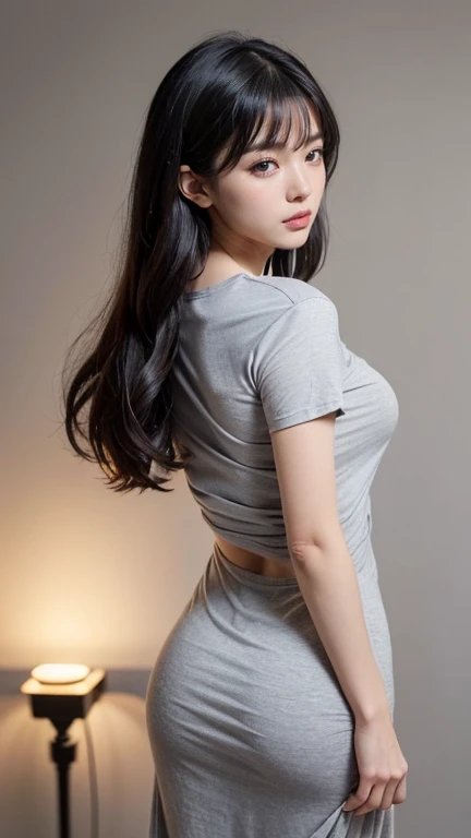 (((Backwards:2.0, Butt facing the camera:2.0))), ((Backwards:2.0, Put your ass in front of the camera:2.0, Super close-up of the buttocks:1.8)), (((Light grey maxi T-shirt:2.0, Maxi T-shirt:2.0))), 1 girl, alone, Bobcut, Grin, 18-year-old, 7 heads, Ideal body type, Black Hair, With bangs, Small breasts, Erect nipples, thin, Small Ass, Beautiful legs, thin脚, Surrealism, Cinema Lighting, Written boundary depth, debtirst Person View,  debt/1.8, 135mm, Ticker, masterpiece, Collect and organize, ((Anatomically correct:1.3)), Textured skin, Super Detail, Attention to detail, high quality, Awards, 最high quality, High resolution, 8k