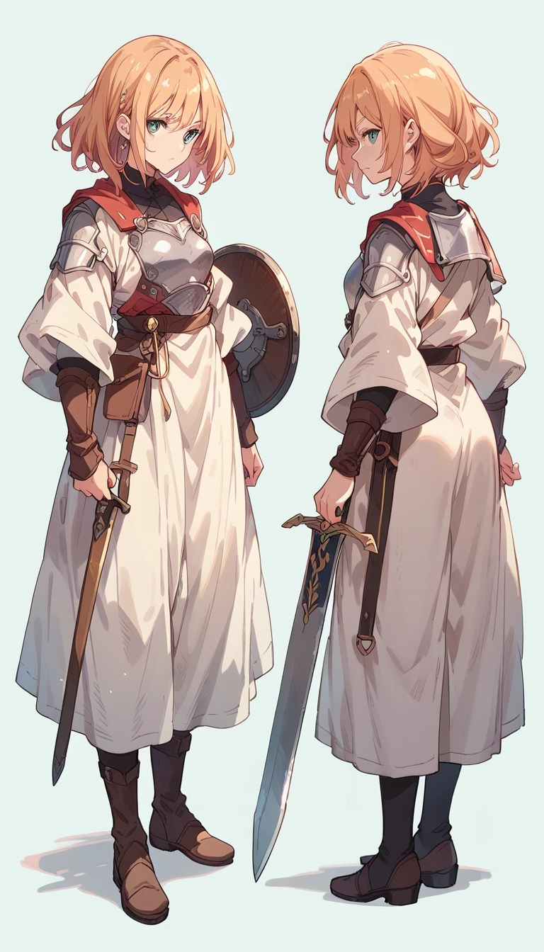 full body, A young adventurer, medium hair, light armor, one-handed sword, round shield, highly detailed, intricate,fantasy,(simple background:1.3), three views from front, back and side