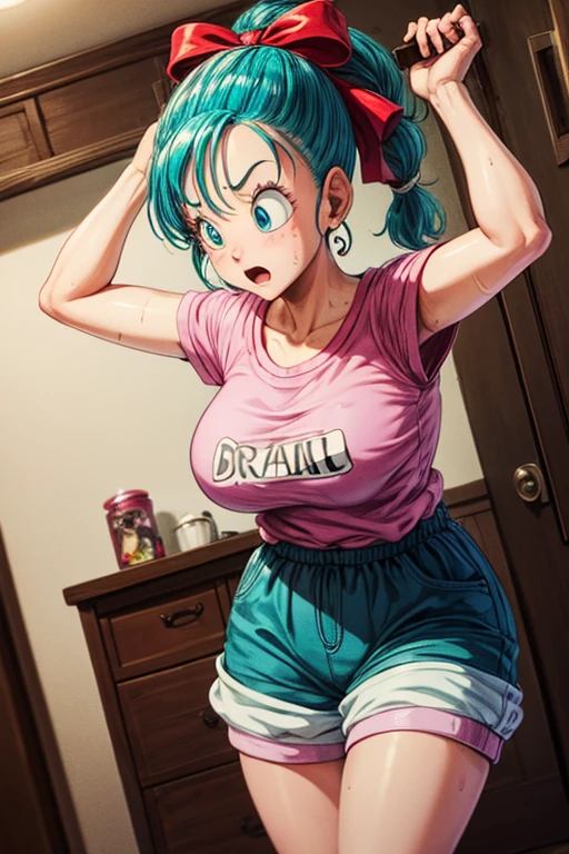 masterpiece, Highest quality,  Unreal Engine,  Super Resolution,  Very detailed, 

Beautiful woman, Bloomers, One Girl, alone, blue eyes, Blue Hair, Aqua Hair, Single Blade, Braided Ponytail, Hair Ribbon, Red ribbon, Hair Ribbon, Earrings,  Vivid expression, Healthy Body, Beautifully detailed sweat glands, Smooth skin texture, Carefully drawn, 

(humidity:1.2), Beautiful Eyes, (Attractive face:1.2), (Beautiful Skin), (Big Breasts), Puffy nipples, (Sticky with sweat), In a dynamic pose,

In the world of Dragon Ball, Capsule Corporation, 