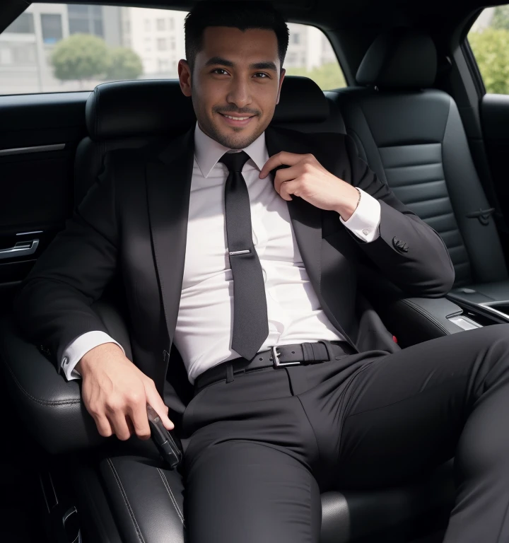 40-year-old man,Black Suit,Inside the car、mafia、Legs wide open、The  area of the pants is bulging,Bulging muscles,Gay ,Short Hair,Short Hair、Stubble,Turk,Hermes Belt。Black socks、Armed with a gun、smile