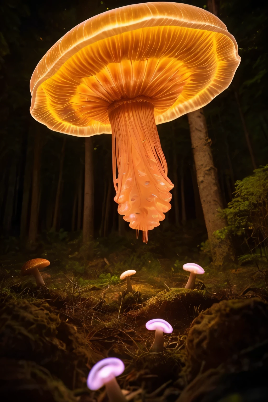 lots of small jellyfish forest with mushrooms glowing in the dark, a forest fantasy in a nature scenery, lots of small jellyfish