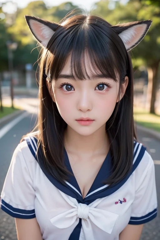 Fox Ears、Japanese women、high school girl、16 years old, Anatomically correct, Perfect Anatomy, very cute, beautiful, (Sailor suit:1.2), ((Embarrassing:1.3)), blush、(classroom、Sitting), (masterpiece、Highest quality:1.3)、Best lighting、High resolution、(8k, High resolution:1.2), (photograph, Realistic:1.2)、Cowboy Shot、The face is in focus、(concentrated, Symmetrical pupils:1.2)、beautiful肌、Natural Makeup、Gloss Lip, High-definition hair texture, (View your audience:1.2), Medium Hair (Multiple Angles:1.2), (Small breasts, Cleavage:1.1), (Hold my chest:1.1)