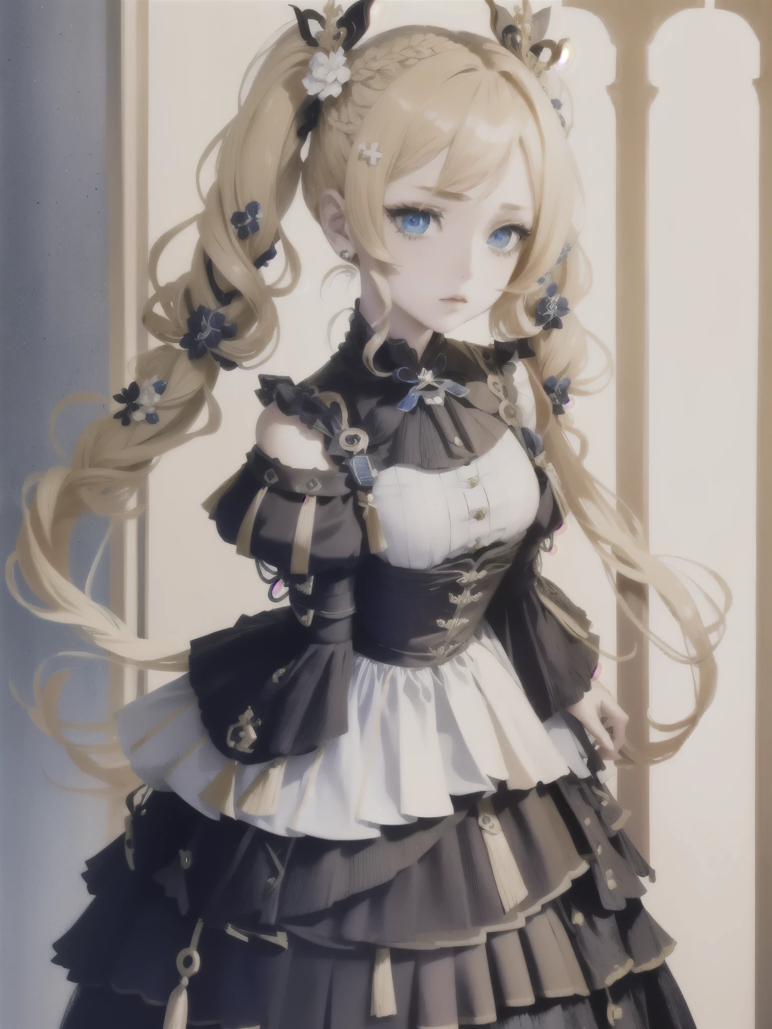 hair ornament, extreme details, twintails, masterpiece, genshin_impact,blue_eyes,blonde_hair,barbara \(genshin impact\)