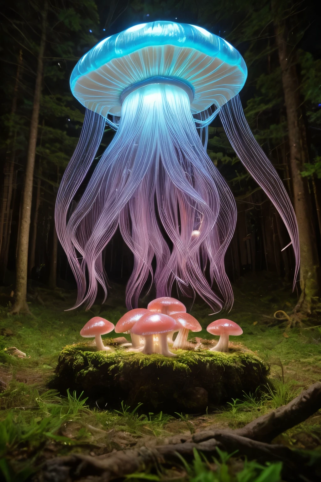 lots of small jellyfish forest with mushrooms glowing in the dark, a forest fantasy in a nature scenery, lots of small jellyfish