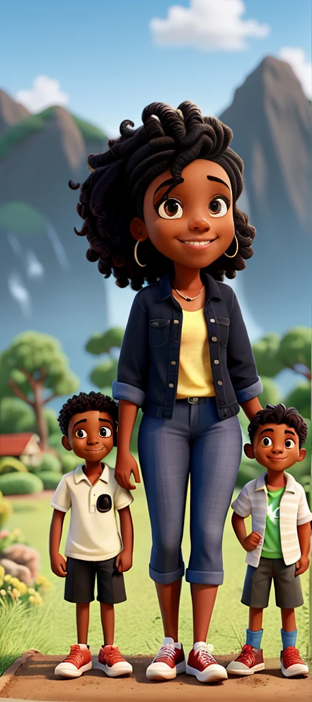 A happy family com homem, black woman and , with nature in the background