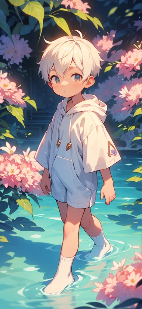 Shota with white hair and white socks walks in the sea of flowers, hood, close-up, anime, UHD, masterpiece, anatomically correct, super detail, high details, high quality, best quality, highres, 8k