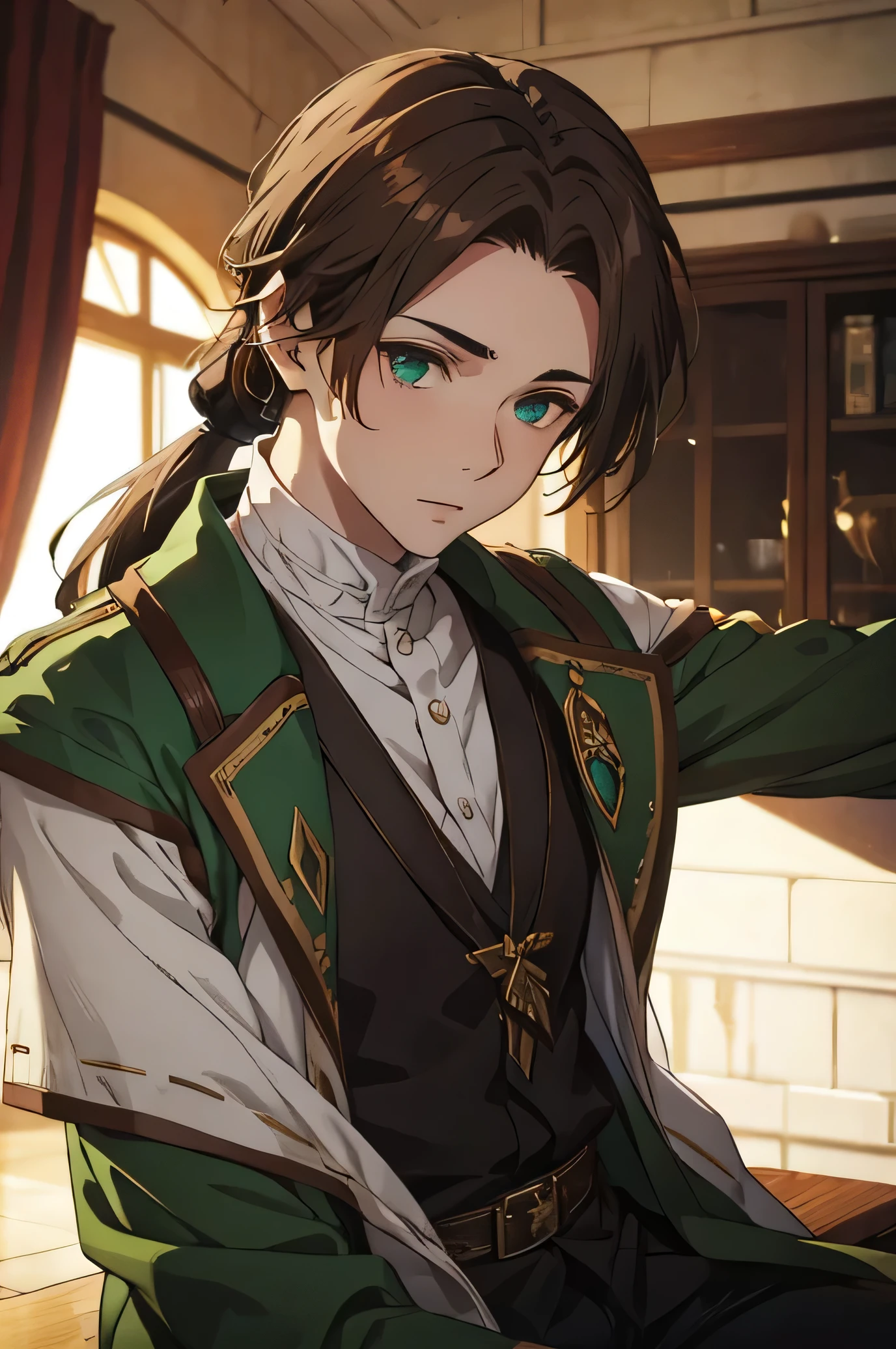 Young Man. Messy brown hair pulled back into a ponytail. Emerald eyes. pale skin. Fantasy Clothing.