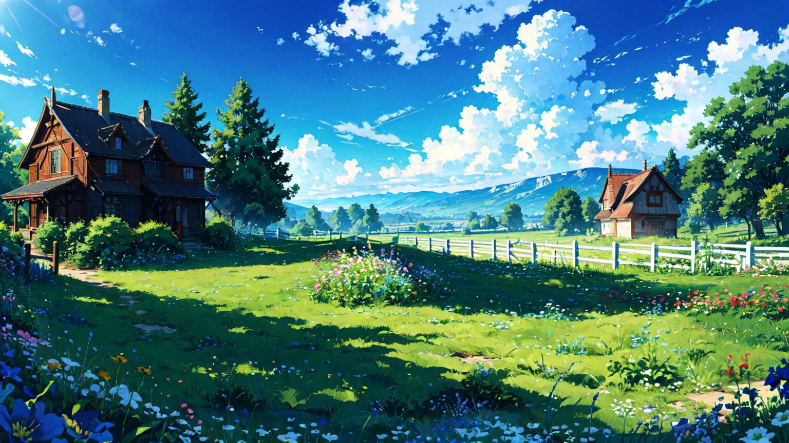 Leviathan flying in the blue sky,Imagine,a peaceful day, Detailed clouds, Place, Grazing cows, flower, House in the distance, Fence, wood,Excellent