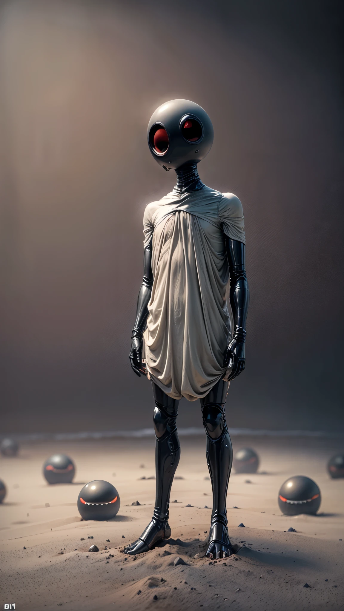 a faceless humanoid creature, no face no nose no eyes no mouth, strange and mysterious creature, black balls floating around the character, creature floating off the ground, white smooth skin, (best quality, 4k, 8k, highres, masterpiece:1.2), ultra-detailed, (realistic, photorealistic, photo-realistic:1.37), dynamic pose, dynamic point of view, overview shot