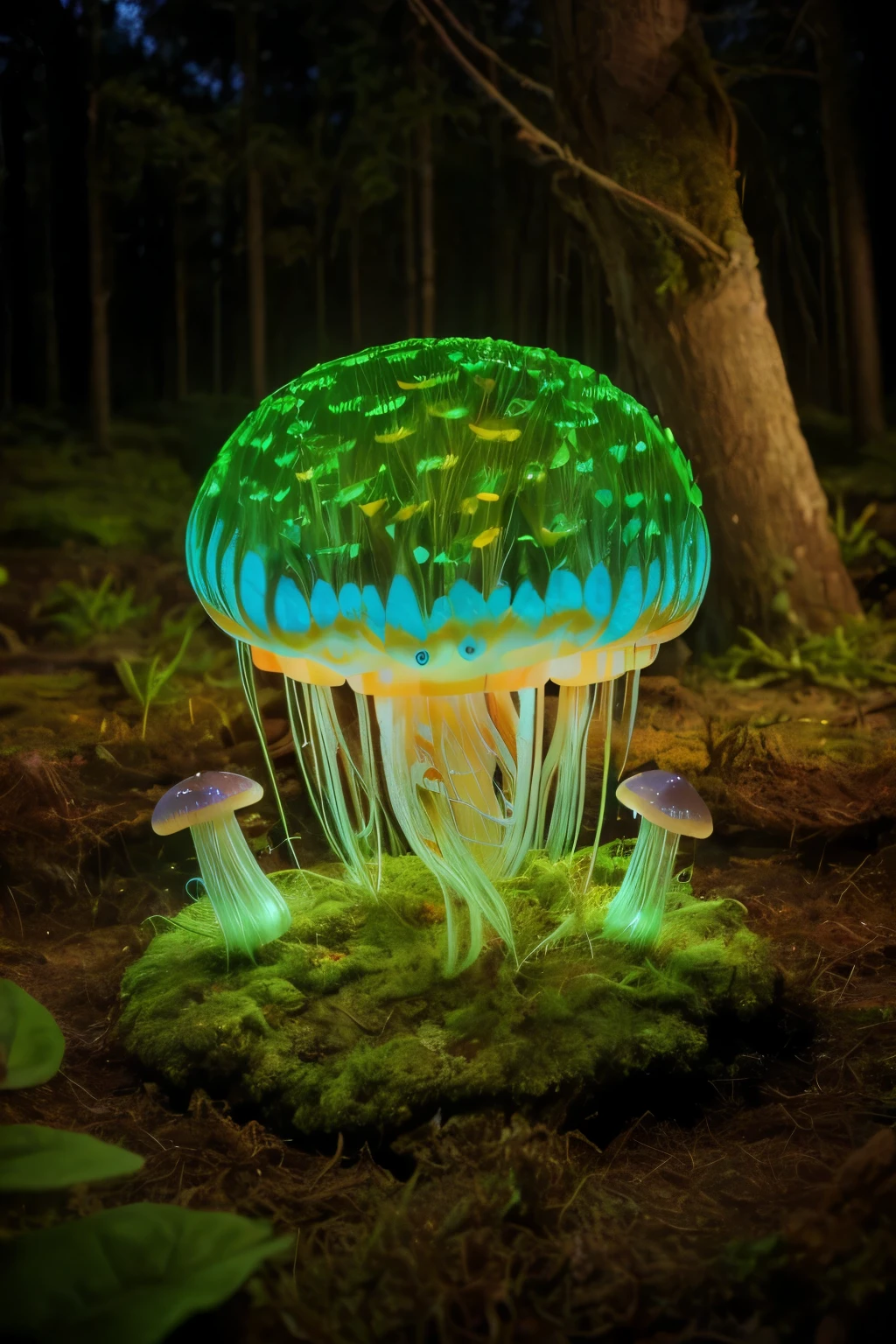 lots of small jellyfish forest with mushrooms glowing in the dark, a forest fantasy in a nature scenery, lots of small jellyfish
