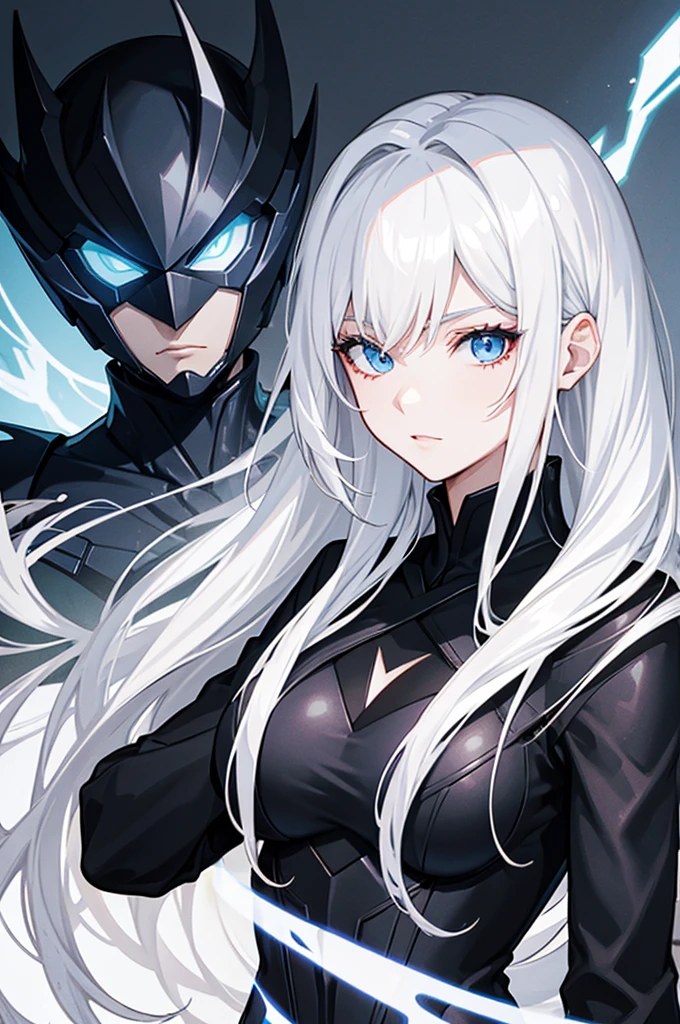 Superheroine drawing (women) stylized black suit, mask on the face, White hair, white skin and light eyes