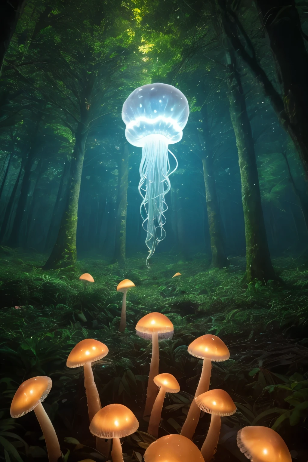 lots of small jellyfish forest with mushrooms glowing in the dark, a forest fantasy in a nature scenery, lots of small jellyfish