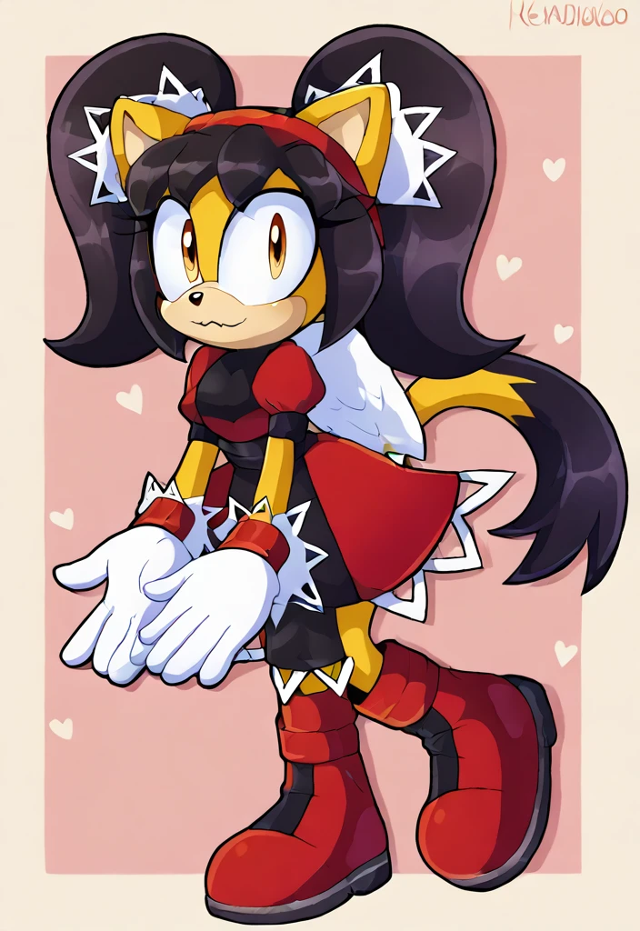 score_9, score_8_up, 2D, looking at viewer, 1girl, detailed, honey the cat from the sonic the hedgehog series, full body, wide hips, narrow waist, curvy body, red dress, big , frilly hair ties, open mout, open hands, wide eyes, black hair, twin tails hair, red dress with a white trim, heart-shaped part in clothes, heart-shaped part in cloth, red boots whit white cuffs, red headband, white gloves white red cuffs, black stockings, sem fundo,