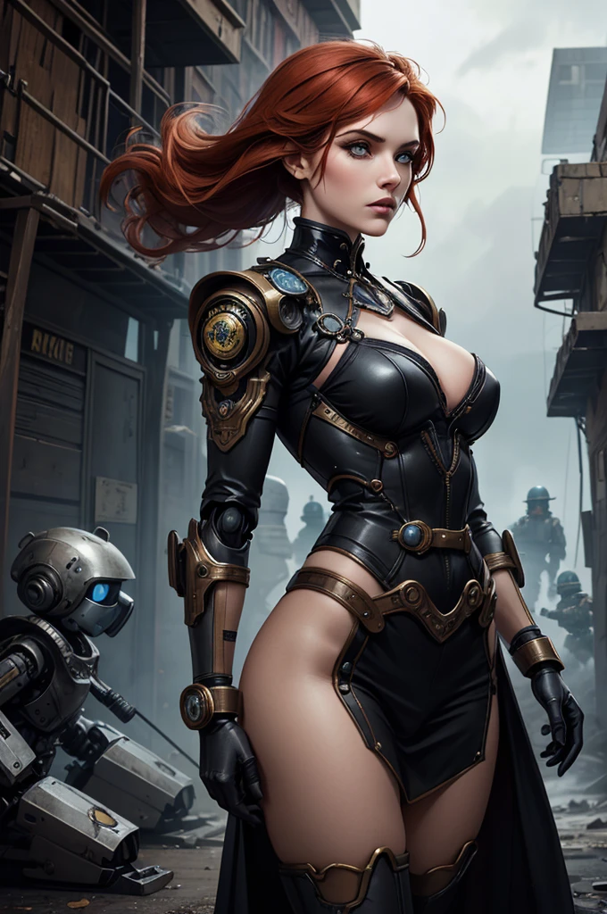 There was a woman standing in front of a group of robots., steampunk male portrait, Composite, beautiful robot woman, Stormy and epic war scenes, Inspiration from Richard Avedon, Black dieselpunk policewoman, Redhead, woman in suit, Intricate fashion clothing, beautiful female soldier