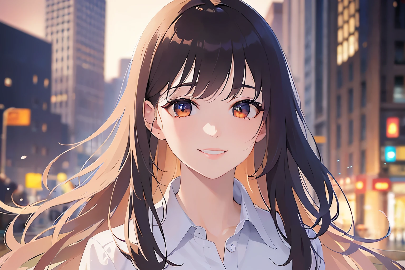 Detailed CG,Ultra-fine illustrations,masterpiece,Highest quality,BREAK(white collared shirt)BREAK,Realistic,Real person,RAW Photos,Realistic(Pale skin:1.2),Glowing Skin,Shiny Hair,(A 27-year-old woman with medium-length hair and bangs)and(Wavy Hair)and(Brown Hair)and(Orange eyes),(smile:1.5),The background is the bus terminal,Alone,