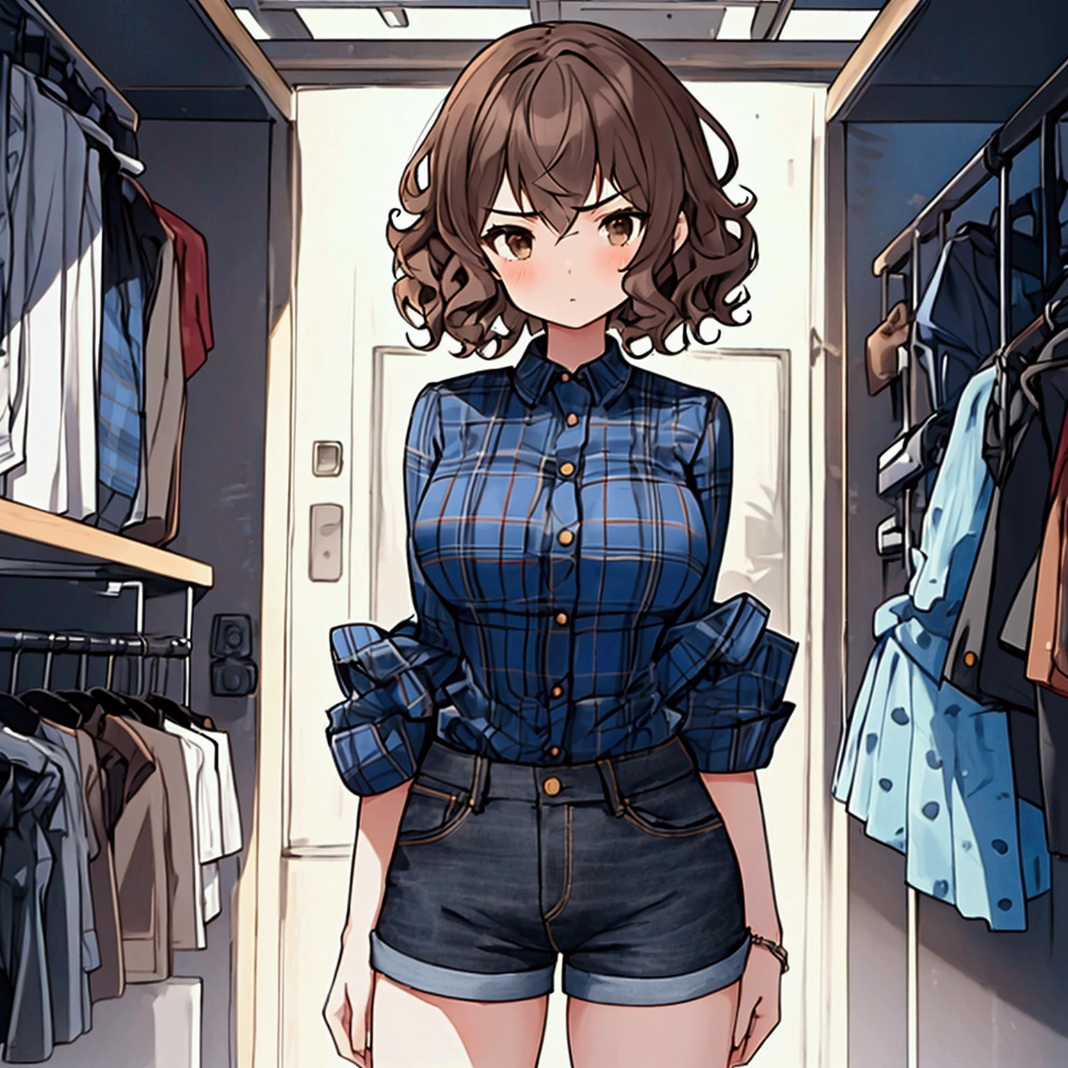 Very detailed, high resolution, (best quality_1.0), 1girl, teenage girl, short hair, curly hair, brown eyes, serious look, medium breasts, black denim shorts, blue checkered shirt.