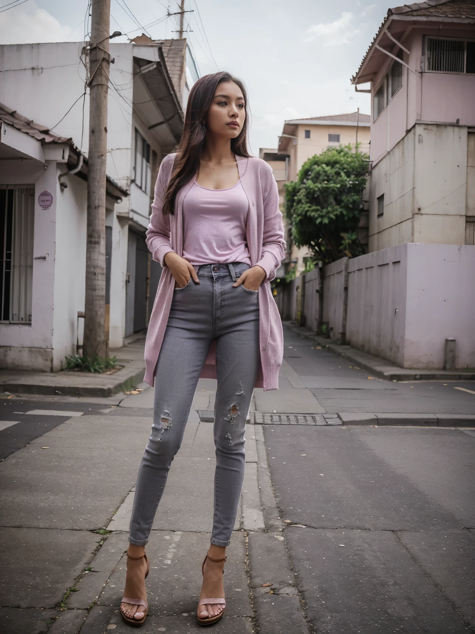 25 years old, a beautiful girl, an indonesian, long pink cardigan, outfit purple t-shirt, grey skinny jeans, with sandal, standing, beauty, photorealistic, street, likely, loveable, 8k, perspective