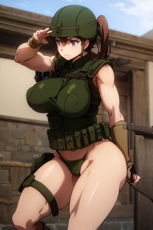 Military uniform breasts,  Slender body、 Perfect human face detail, Brown hair, Hoplite helmet, Muscular, Huge naked breasts, I look at the audience, prospect, Model photo poses, Artwork, Highest quality, 8k, Blurred Background, Medieval fantasy castle in the background、 Kuribayashi, , ,Irritated expression、Thick nipples、Big Tits、sexy、One side ponytail、sexy、