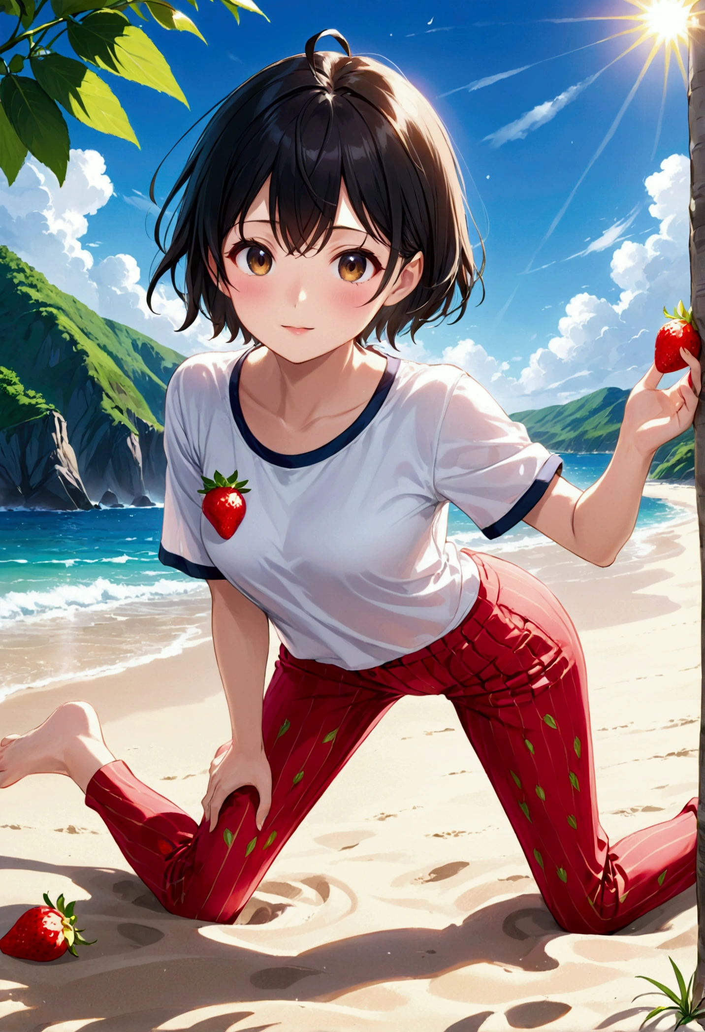(Master quality)(Anime Style)(RAW Photos)High detail, Very detailed, Ultra HD Beautiful girl with short black hair having fun on an open beach, Surrounded by natural beauty, The warm sun shining on her, Sway gently in the breeze, Creates a playful atmosphere(Official Gravure)(Close-up shot 1.5)、uniform、M-shaped legs、Strawberry Pants