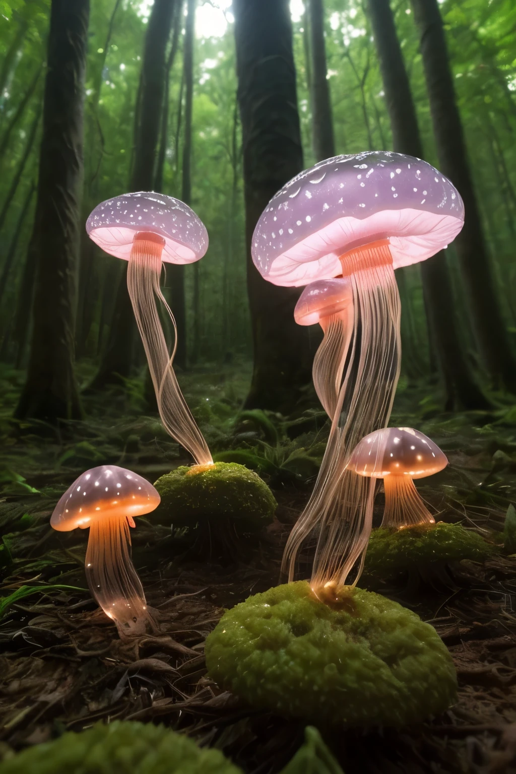 lots of small jellyfish forest with mushrooms glowing in the dark, a forest fantasy in a nature scenery, lots of small jellyfish