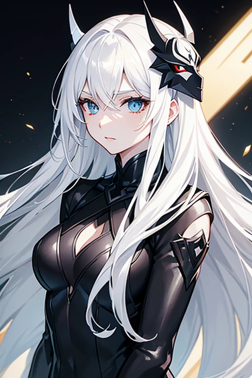 Superheroine drawing (women) stylized black suit, mask on the face, White hair, white skin and light eyes