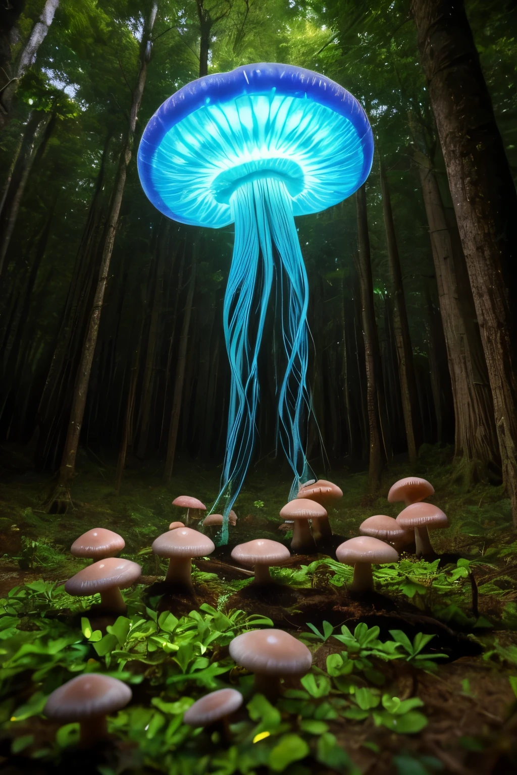 lots of small jellyfish forest with mushrooms glowing in the dark, a forest fantasy in a nature scenery, lots of small jellyfish