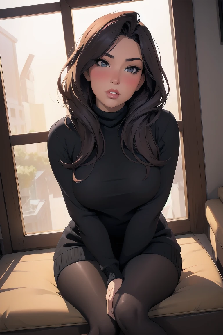 Sexy woman, perfect hair, amazing makeup, seductive gaze, blushing intensely, ready to kiss, long oversized sweater, black tights, sitting comfortably on couch, window, natural light beaming through window, beautiful face, seductively gazing at us, very seductively provocative, fisheye
