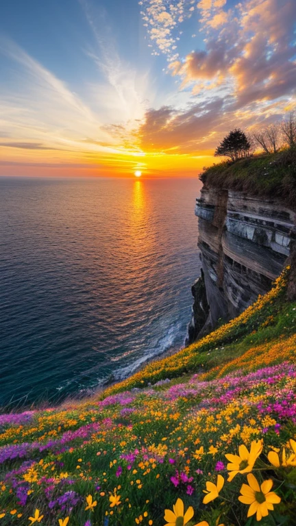 nature, Detailed lighting, Sea of Flowers, null, sunset, Wind, Fallen leaves, cliff,