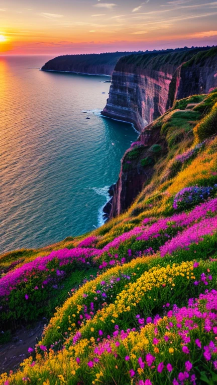 nature, Detailed lighting, Sea of Flowers, null, sunset, Wind, Fallen leaves, cliff,