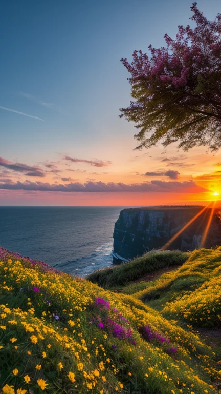 nature, Detailed lighting, Sea of Flowers, null, sunset, Wind, Fallen leaves, cliff,