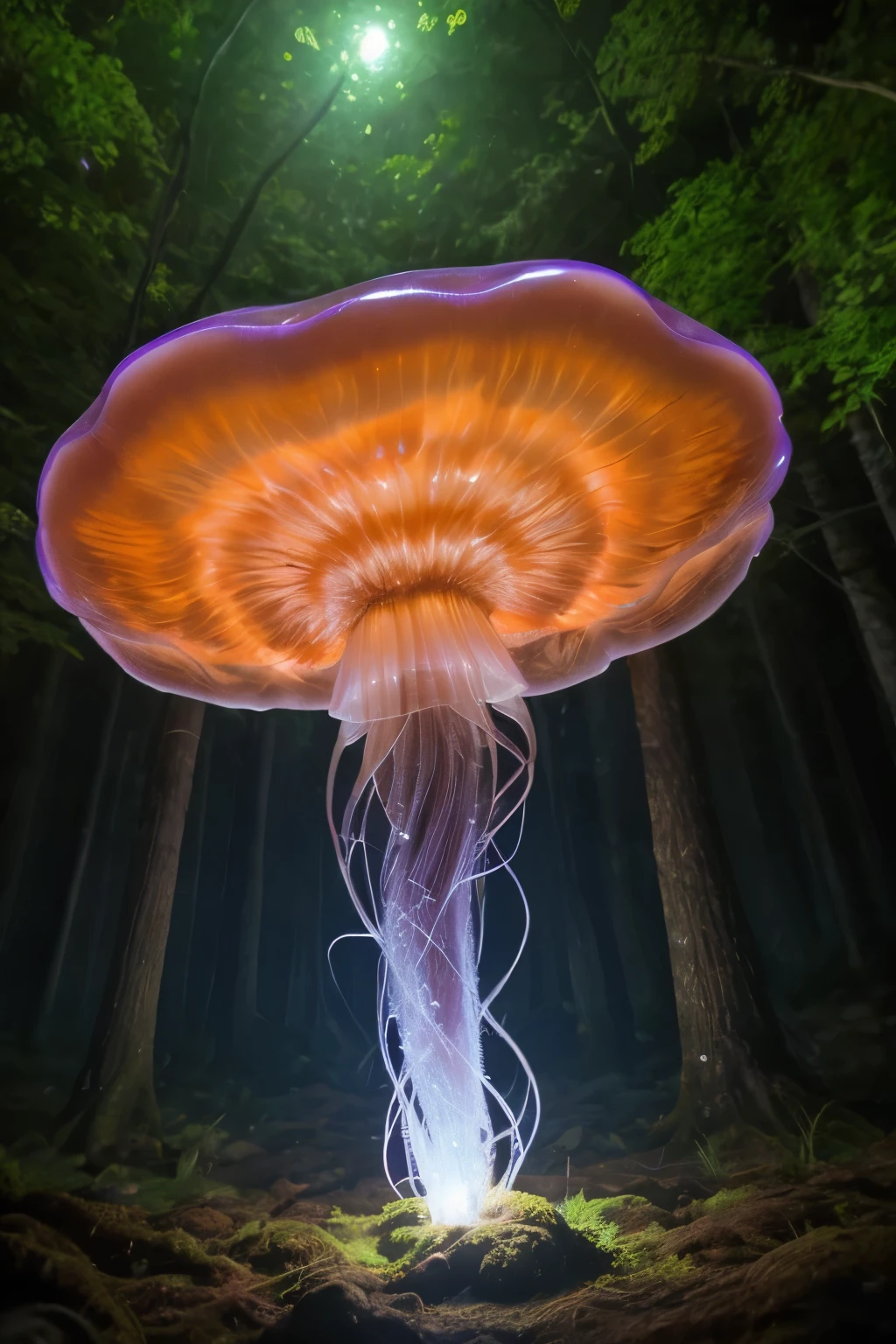 lots of small jellyfish forest with mushrooms glowing in the dark, a forest fantasy in a nature scenery, lots of small jellyfish
