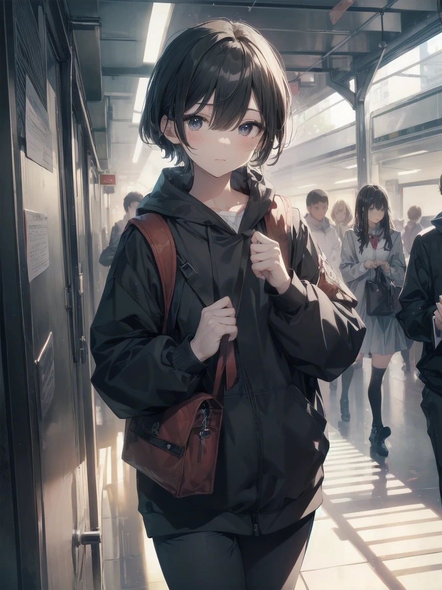 God quality, anime moe artstyle,best anime 8k konachan wallpaper,badass anime 8k,perfect anatomy, (Please draw a girl walking sleepily to school. ),break, 1girl, (Solo,,,13-year-old:1.3),a junior high school student, androgynous charm, Very Short hair,parted bangs,(hair over one eye), Full limbs, complete fingers,flat chest, Small butt, groin, Small eyes,finely detailed beautiful black eyes,disgusted eyes, , in the School commute route. break,ultra-detailed,high resolution,super detailed skin, professional lighting,8k eye details, (cool illustration:1.2),
