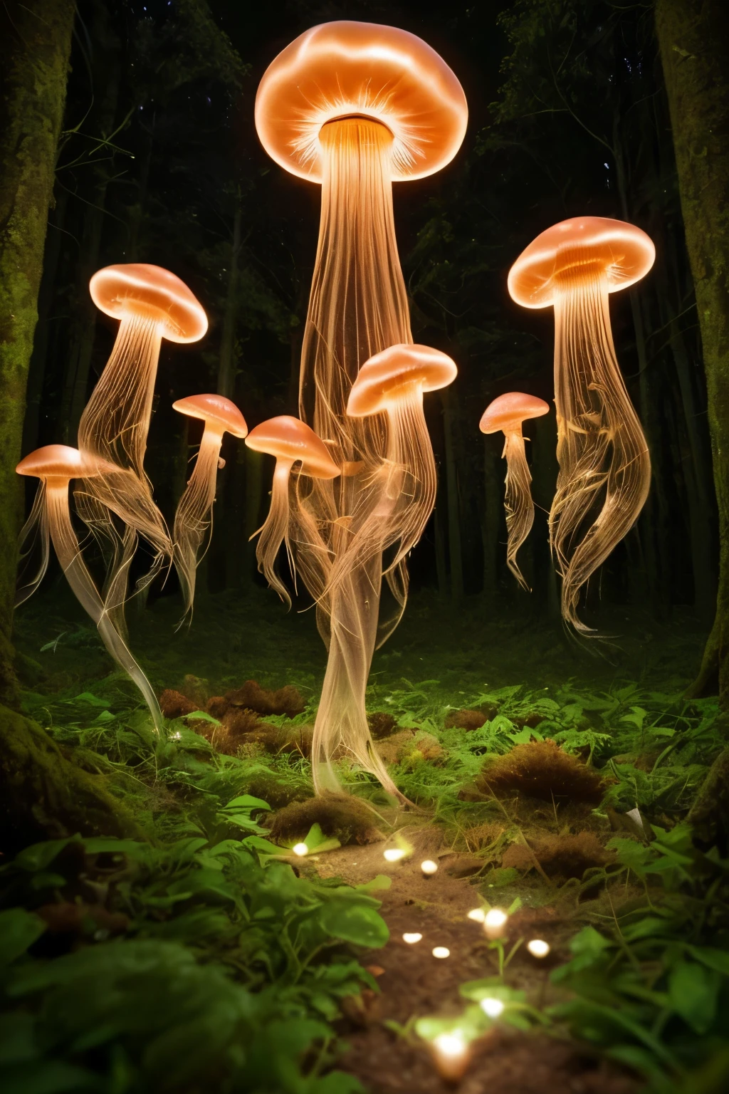 lots of small jellyfish forest with mushrooms glowing in the dark, a forest fantasy in a nature scenery, lots of small jellyfish
