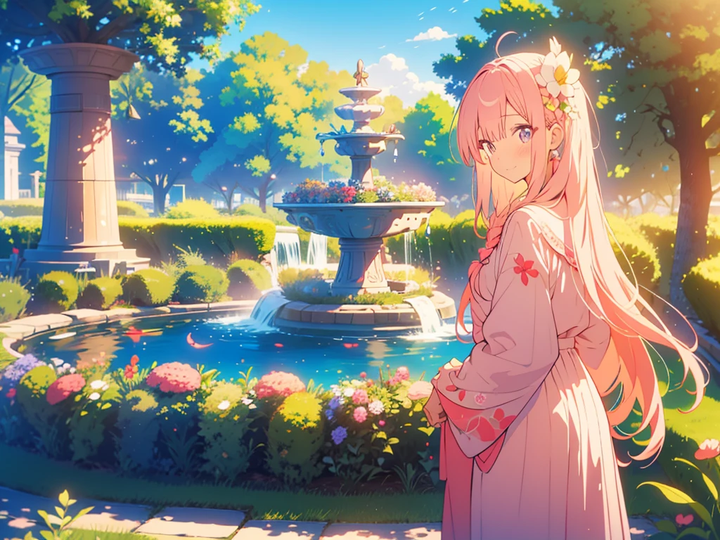 kawaii, anime, Cute, hyper quality, highly detailed, 8k, Clarity, Draw facial expressions in detail, A girl with long pink hair and eyes, mature, look back at the front, suspicious smile, mischievous spirit, long dress, sirene flower, grassy park date, Silene flower garden, fountain, bench, brick road, Flowers wet with dew, clear sky, whole body, 	