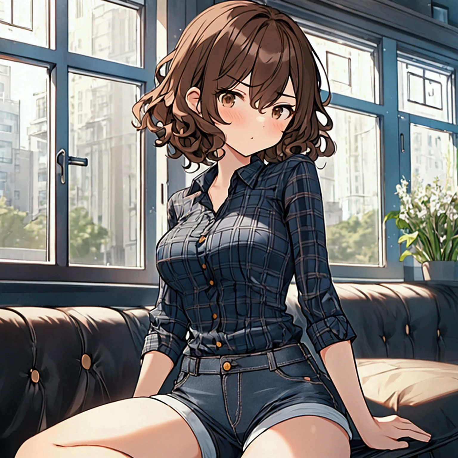 Very detailed, high resolution, (best quality_1.0), 1girl, age girl, short hair, curly hair, brown eyes, serious look, medium breasts, black denim shorts, blue checkered shirt, dark room, window of a building, sitting looking at the window.