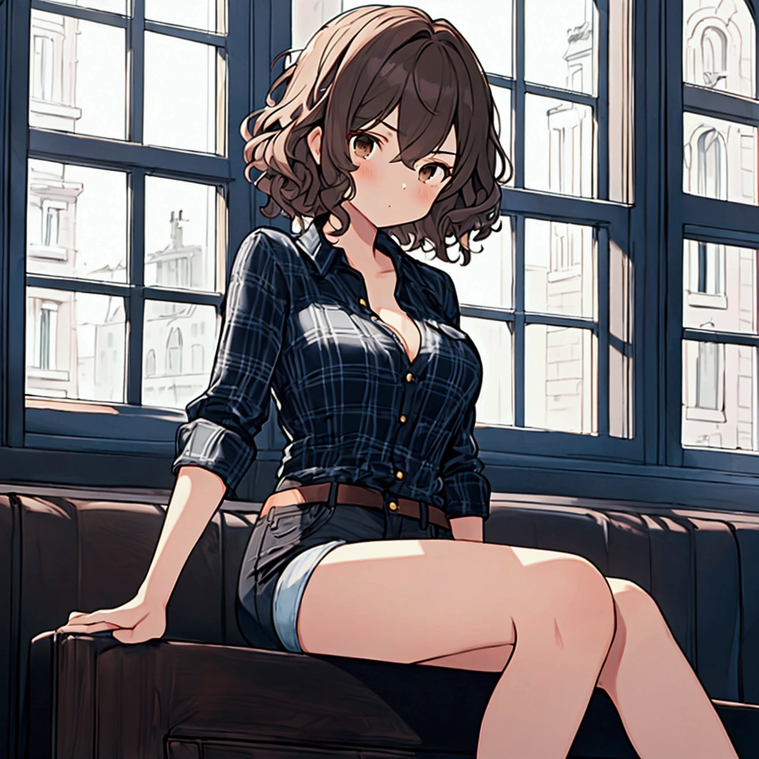 Very detailed, high resolution, (best quality_1.0), 1girl, age girl, short hair, curly hair, brown eyes, serious look, medium breasts, black denim shorts, blue checkered shirt, dark room, window of a building, sitting looking at the window.