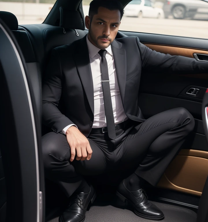 40-year-old man,Black Suit,Inside the car、mafia、Squat with your legs wide apart、The crotch area of the pants is bulging,Bulging muscles,Gay ,Short Hair,Short Hair、Stubble,Turk,Hermes Belt。Black socks、Armed with a gun、