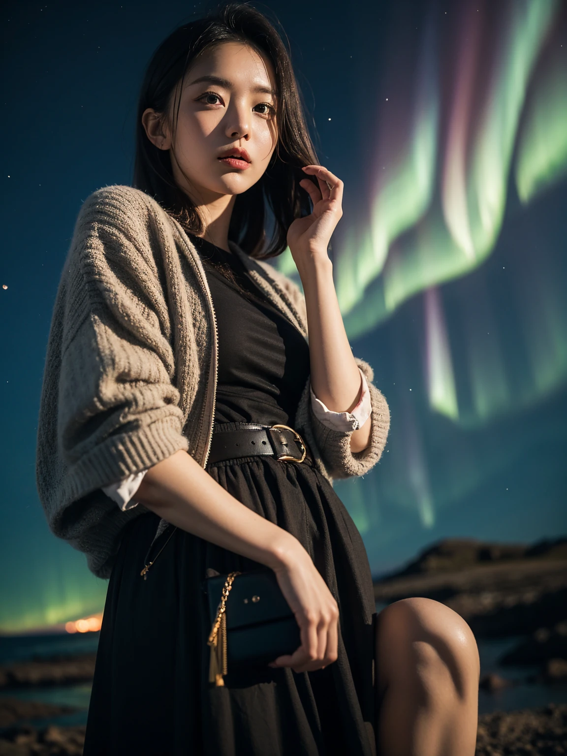 Aurora Background, Iceland, 1 woman, stylish clothes, Medium shot close-up up to the waist