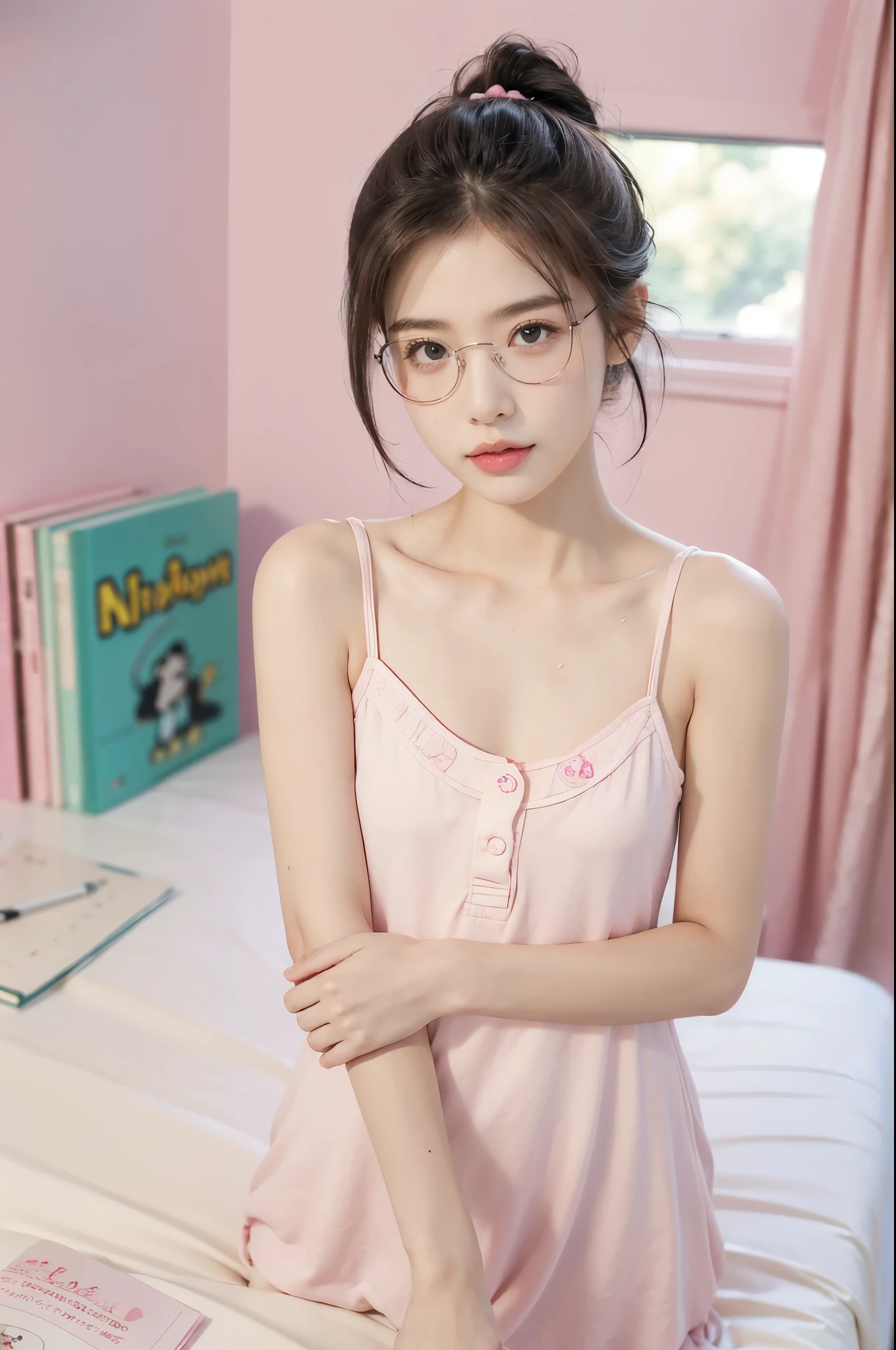 (((best quality))),(((ultra detailed))),(((masterpiece))),illustration,((1 beautiful girl,solo)),(short ponytail:1.2),((slim,thin)),((small breasts,flat chest)),(bright curious eyes:1.2), (glasses:1.3),(pink sundress with white Hello Kitty logo:1.3),((sweat,wet)),(Hello Kitty-themed bedroom:1.3),(beside the cluttered desk:1.3),((assignments,books, papers)), ((pink walls, Hello Kitty posters, pink bedding)), open window, gentle breeze, streetlights, youthful innocence, determination,summer, hard work, passion, youthful energy,((from front,upper body)),(night scene:1.3)