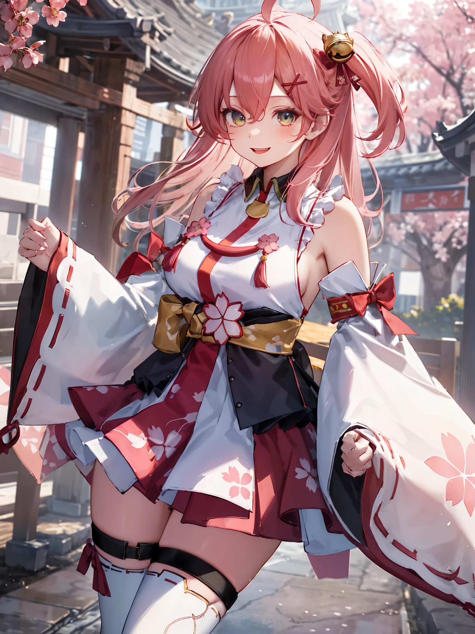 masterpiece, best quality, highres, miko1, sakura_miko, 1girl, big_boobs, solo, ahoge, x_hair_ornament, pink_hair, floral print, hairclip,(side_less_clothes:1.5), (side_boobs:1.5), hair_bell, floral print, long_hair, hair between eyes, one side up, white thighhighs, asymmetrical legwear, wide sleeves, open_mouth,(happy:1.3),gleen_eyes,big_smile,(rise_leg:1.3),plump,apart_legs,(overly_long_sleeves:1.3),),sleeves_past_wrists,hands_hidden_sleeves,sidelock_clothes,dynamic_posing,solo,hidden_wrists,(XD:1.4),covered_nipples,sunlight,cherryblossom_temple_landscape_background,