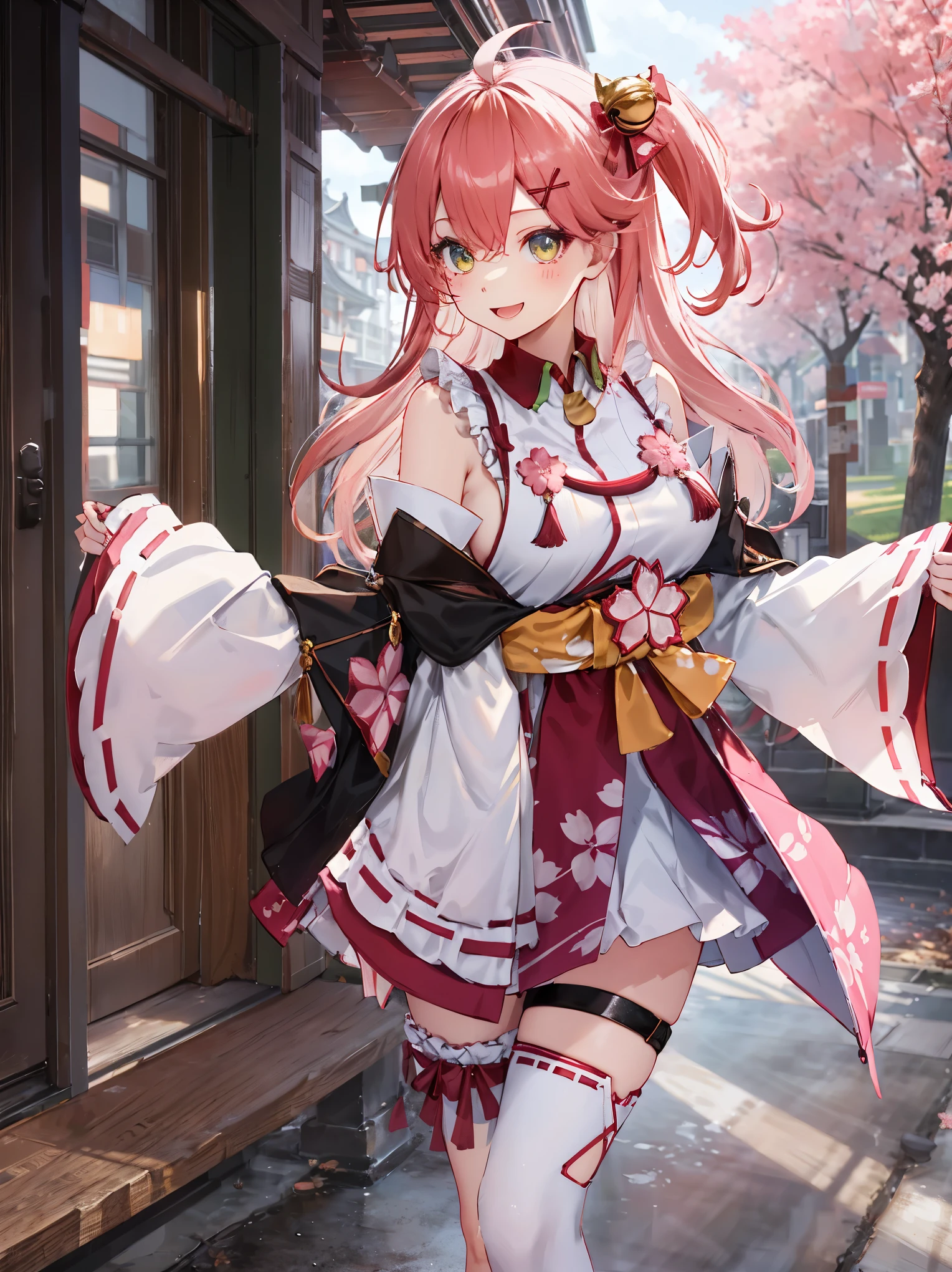 masterpiece, best quality, highres, miko1, sakura_miko, 1girl, big_boobs, solo, ahoge, x_hair_ornament, pink_hair, floral print, hairclip,(side_less_clothes:1.5), (side_boobs:1.5), hair_bell, floral print, long_hair, hair between eyes, one side up, white thighhighs, asymmetrical legwear, wide sleeves, open_mouth,(happy:1.3),gleen_eyes,big_smile,(rise_leg:1.3),plump,apart_legs,(overly_long_sleeves:1.3),),sleeves_past_wrists,hands_hidden_sleeves,sidelock_clothes,dynamic_posing,solo,hidden_wrists,(XD:1.4),covered_nipples,sunlight,cherryblossom_temple_landscape_background,