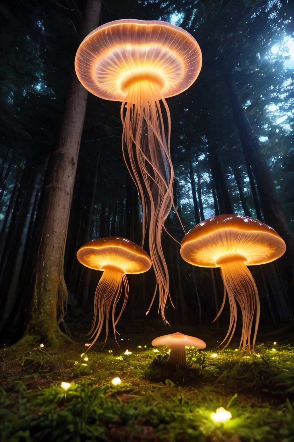 lots of small jellyfish forest with mushrooms glowing in the dark, a forest fantasy in a nature scenery, lots of small jellyfish