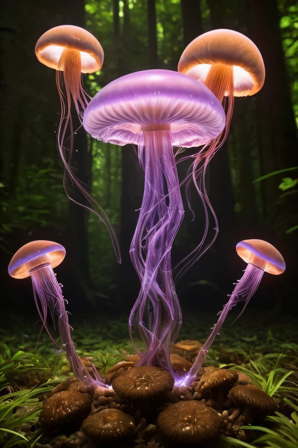 lots of small jellyfish forest with mushrooms glowing in the dark, a forest fantasy in a nature scenery, lots of small jellyfish