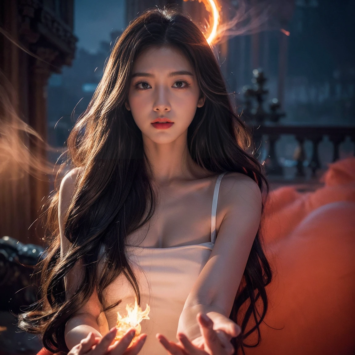 realistic, photorealistic, real photo, ethereal young cat woman with long flowing hair, stunning beauty, holding hand, fist, a magical ancient city, surrounded by glowing red energy. Her delicate body is surrounded by smoke, capturing the emotional moment of her awakening to newfound powers, in dynamic pose, moody, dark theme,